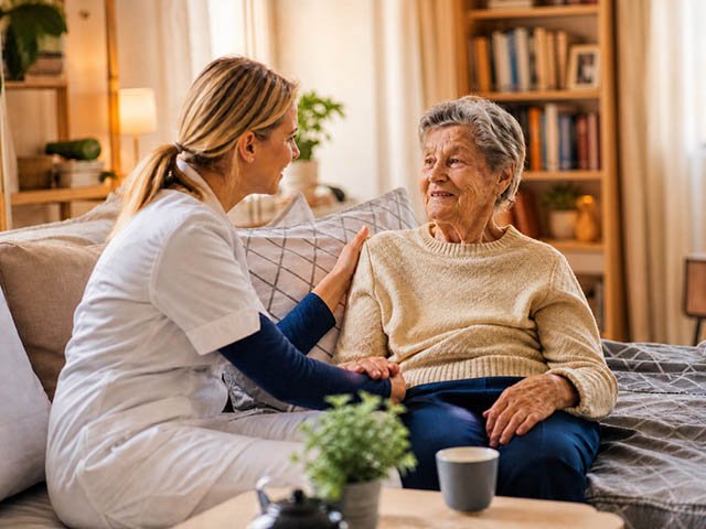 Ambulante Pflege im eigenen Zuhause Pflegekraft betreut eine Seniorin in ihrer häuslichen Umgebung