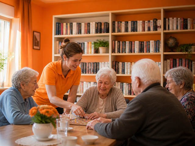 Gemeinsame Aktivitäten in der Tagespflege Betreuungskraft begleitet Senioren bei einem gemeinsamen Gesellschaftsspiel